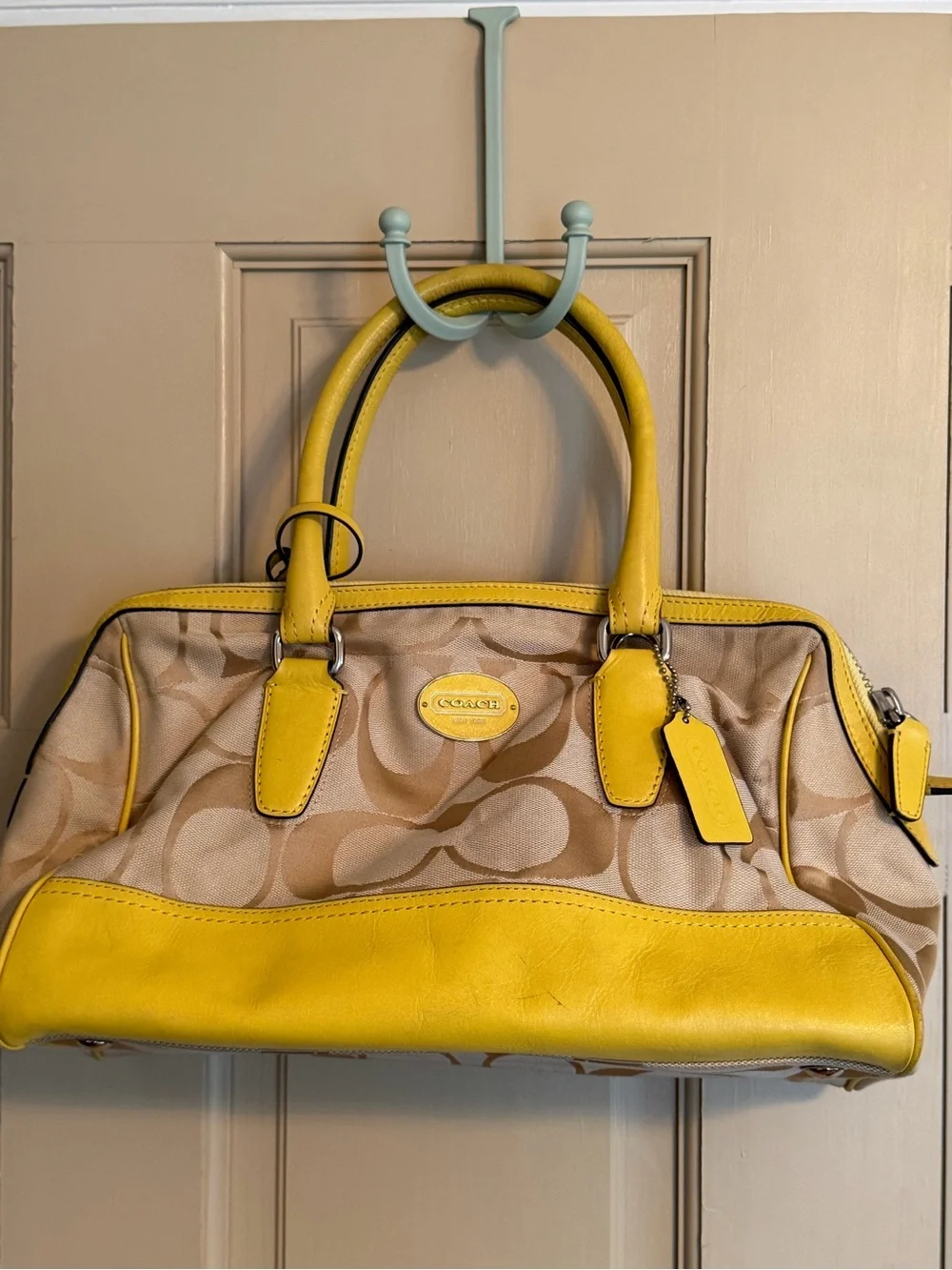 Coach Khaki Signature Satchel with Yellow Leather Trim